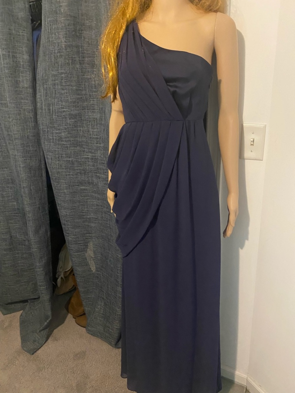 Max & Cleo One-Shoulder Navy Draped Gown